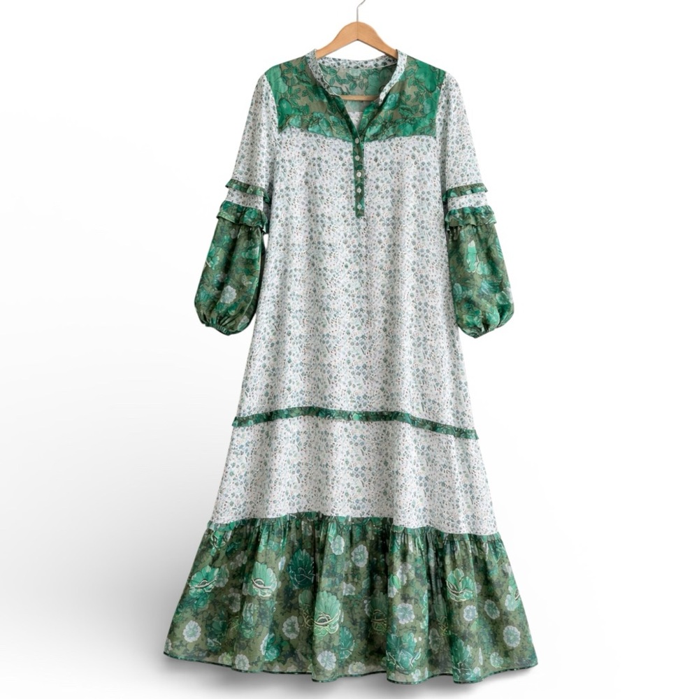 R Vivimos Green Floral Boho Maxi Dress Size L 12/14 Long Sleeve Side Slit - Picture 3 of 5